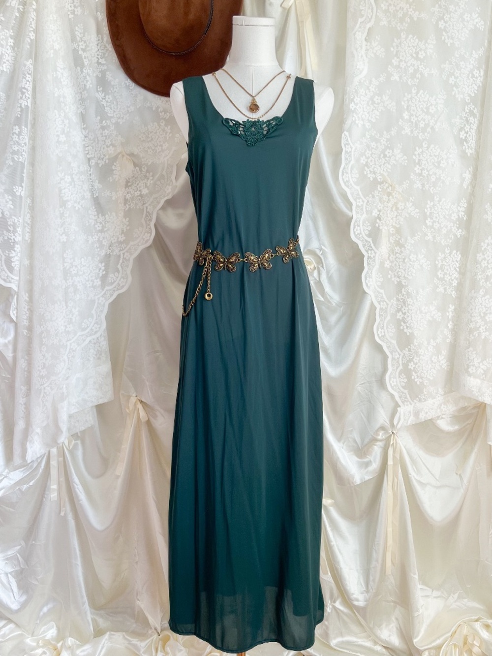 Vintage Emerald Green Lace Trim Maxi Slip Dress